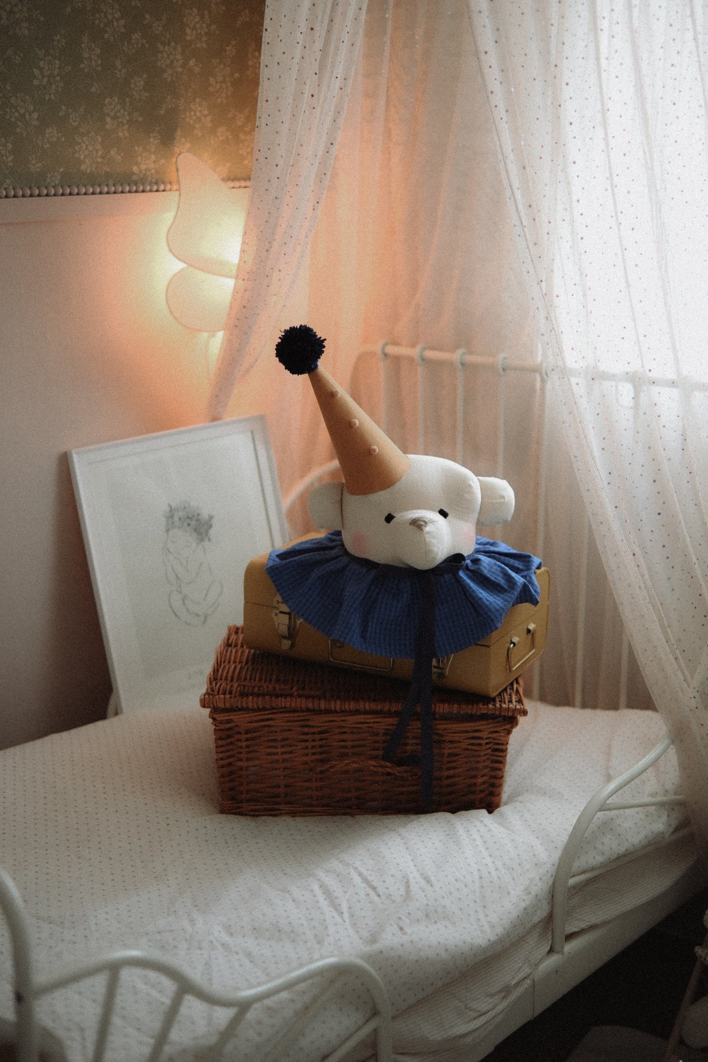 Handmade Cream Bear Head Wall Decor with Blue Collar, Stuffed Animal Wall Mount, Circus Nursery Art