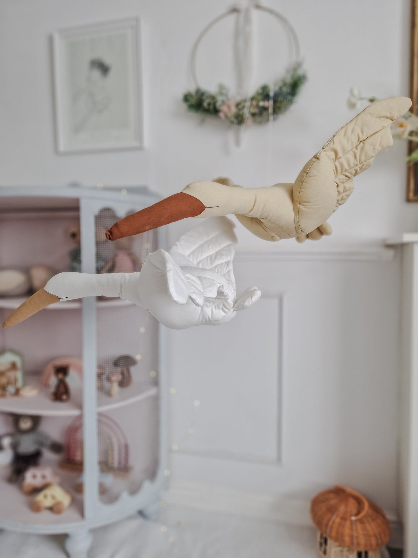 Hanging Flying Swan, White Stuffed Bird Pillow