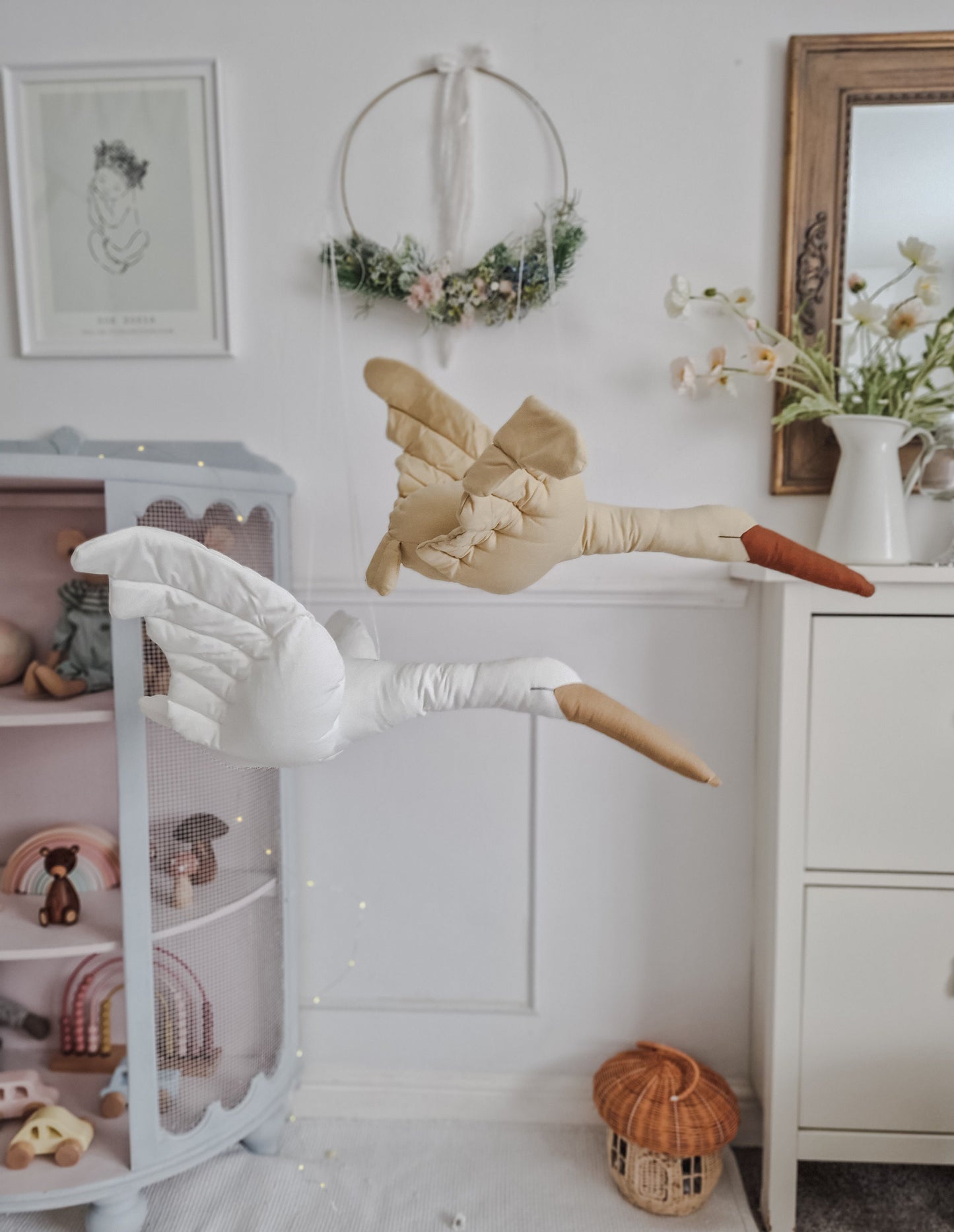 Beige Hanging Flying Swan, Stuffed Bird Animal Mobile