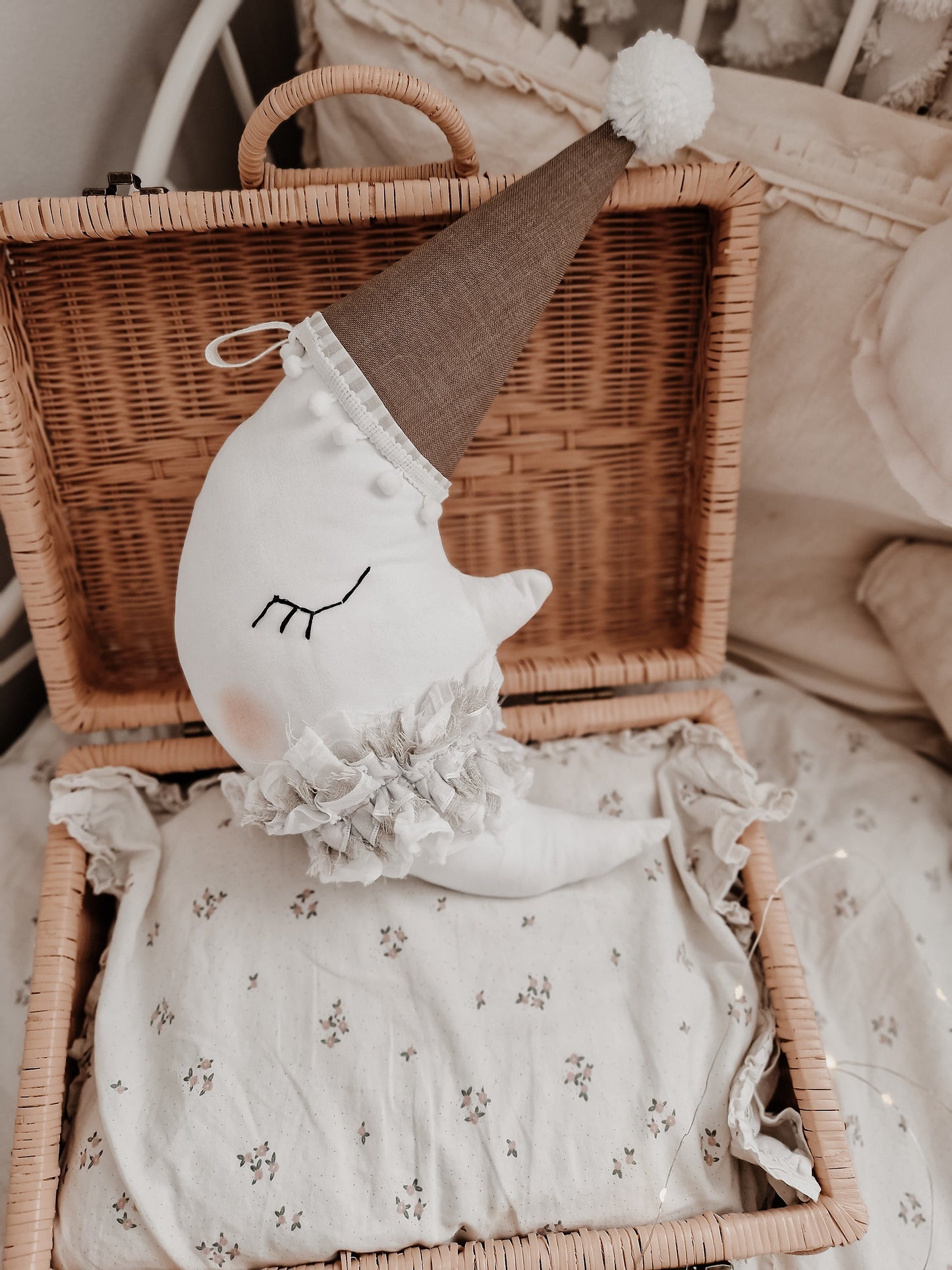 Moon Pillow Hanging Nursery Decor, Moon cushion with hat