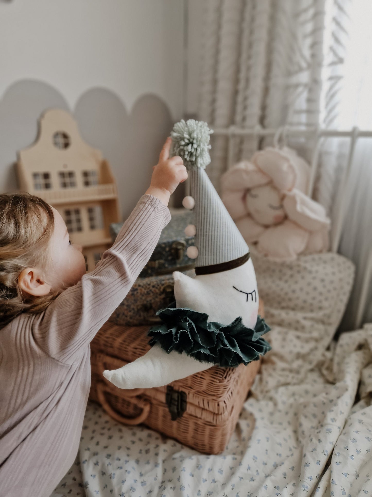 Hanging Moon cushion, circus Moon decoration with hat