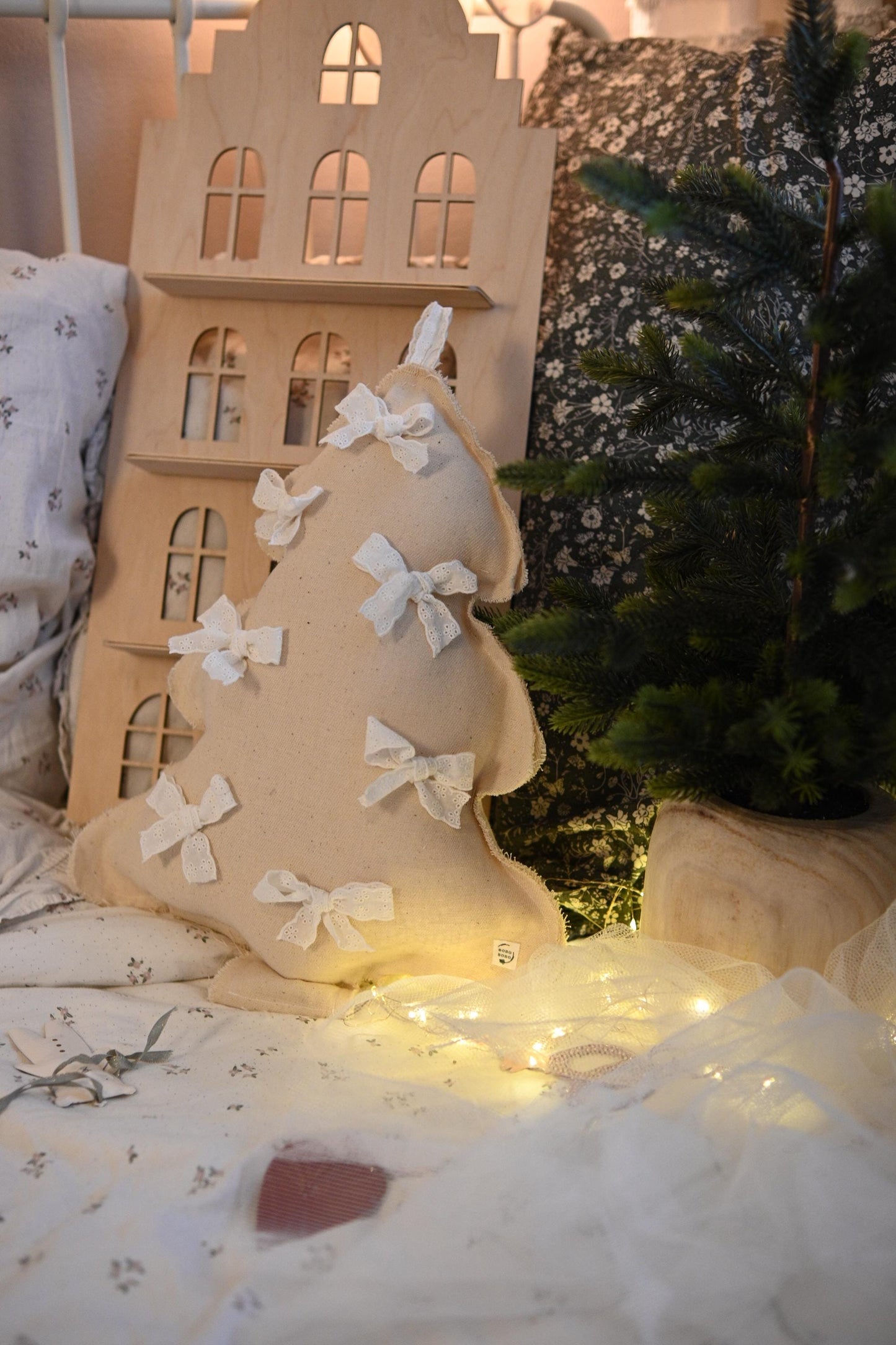 Christmas Tree Pillow with Lace Bows, Cotton Baby Xmas Cushion