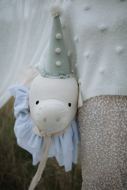 Large circus pig head wall decoration – handmade pig décor with blue collar and green circus hat for nursery or kids’ room