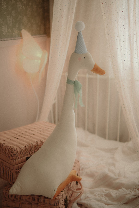 Large circus goose soft toy – handmade sitting goose with hat, circus-style décor for nursery, baby shower or birthday