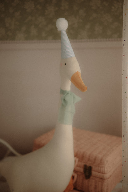 Large circus goose soft toy – handmade sitting goose with hat, circus-style décor for nursery, baby shower or birthday