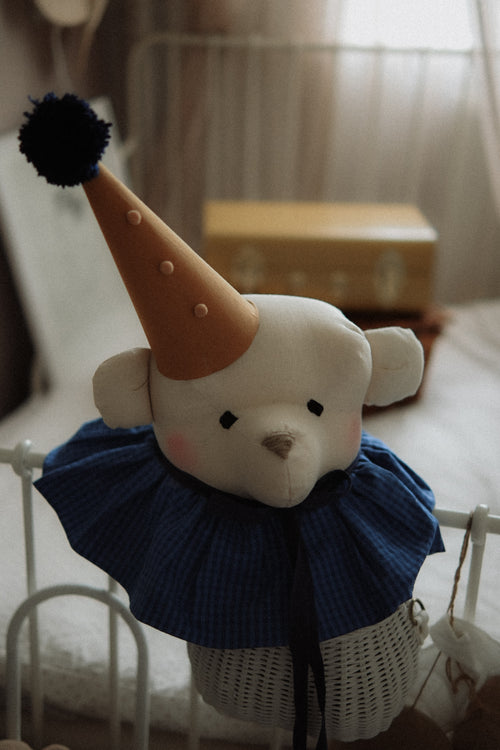 Handmade Cream Bear Head Wall Decor with Blue Collar, Stuffed Animal Wall Mount, Circus Nursery Art