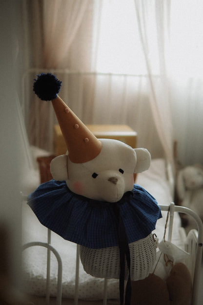 Handmade Cream Bear Head Wall Decor with Blue Collar, Stuffed Animal Wall Mount, Circus Nursery Art