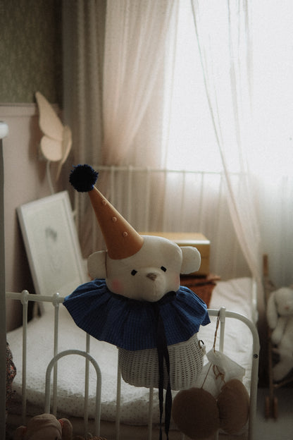 Handmade Cream Bear Head Wall Decor with Blue Collar, Stuffed Animal Wall Mount, Circus Nursery Art