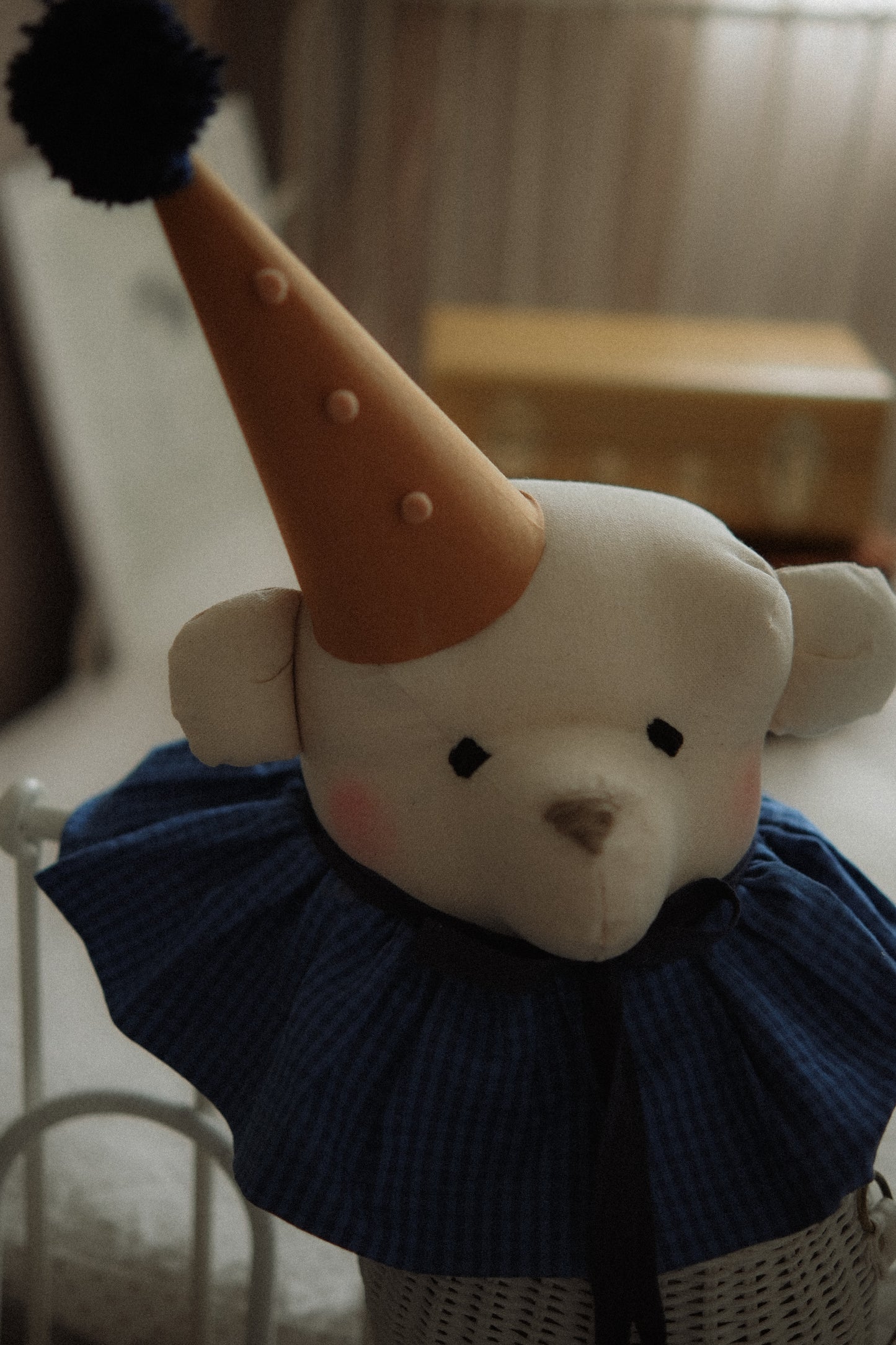 Handmade Cream Bear Head Wall Decor with Blue Collar, Stuffed Animal Wall Mount, Circus Nursery Art
