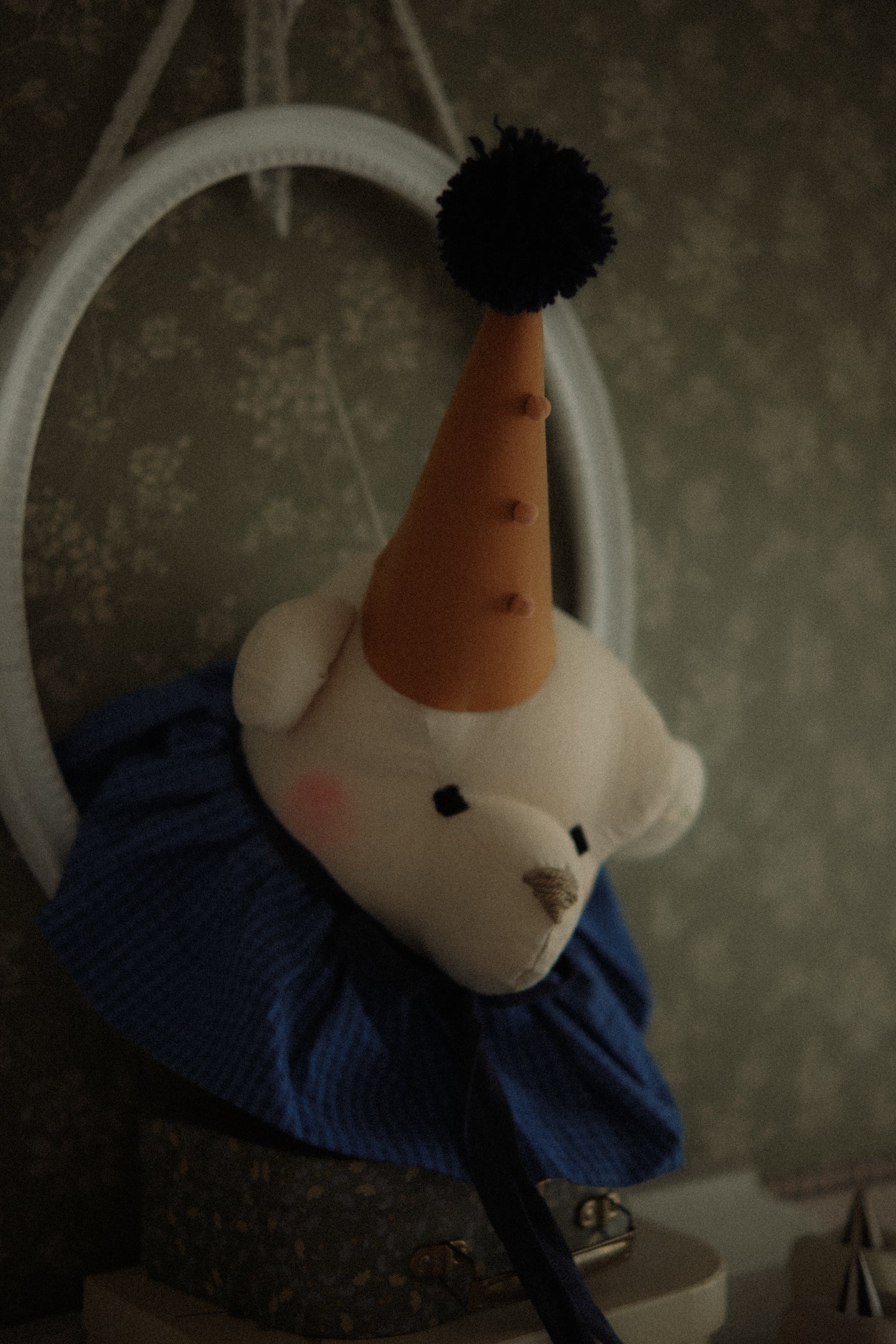 Handmade Cream Bear Head Wall Decor with Blue Collar, Stuffed Animal Wall Mount, Circus Nursery Art