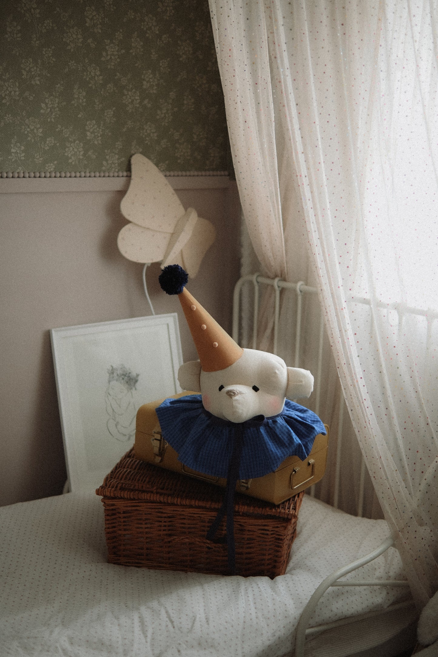 Handmade Cream Bear Head Wall Decor with Blue Collar, Stuffed Animal Wall Mount, Circus Nursery Art