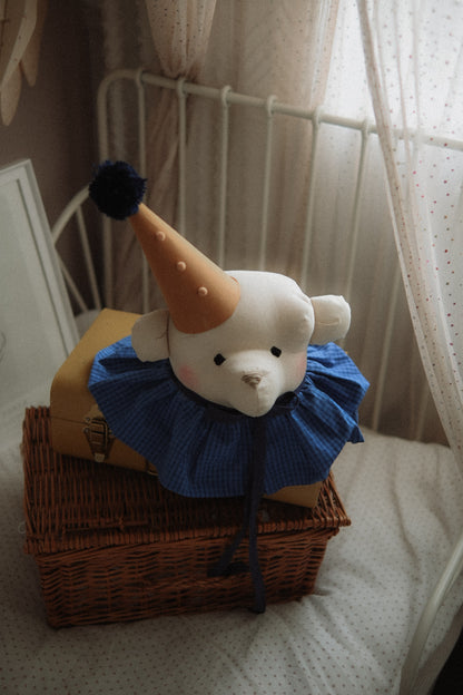 Handmade Cream Bear Head Wall Decor with Blue Collar, Stuffed Animal Wall Mount, Circus Nursery Art