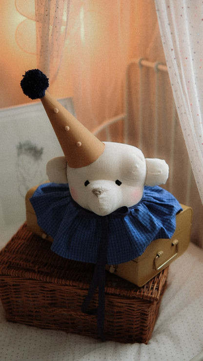 Handmade Cream Bear Head Wall Decor with Blue Collar, Stuffed Animal Wall Mount, Circus Nursery Art