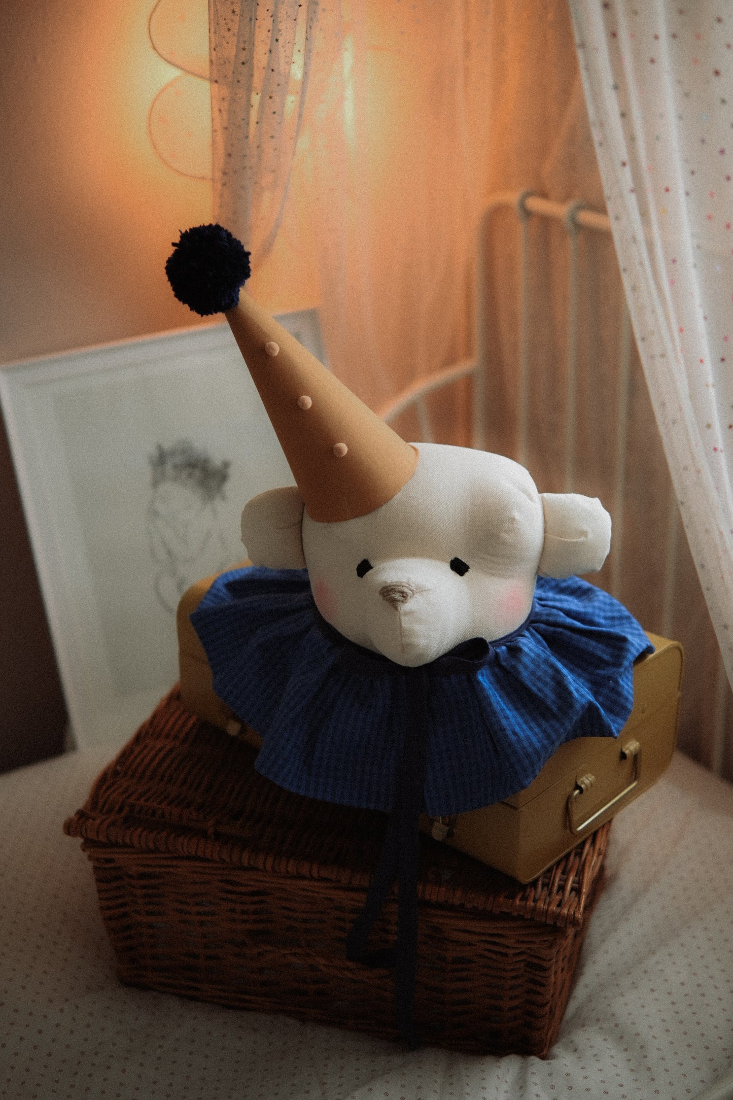 Handmade Cream Bear Head Wall Decor with Blue Collar, Stuffed Animal Wall Mount, Circus Nursery Art