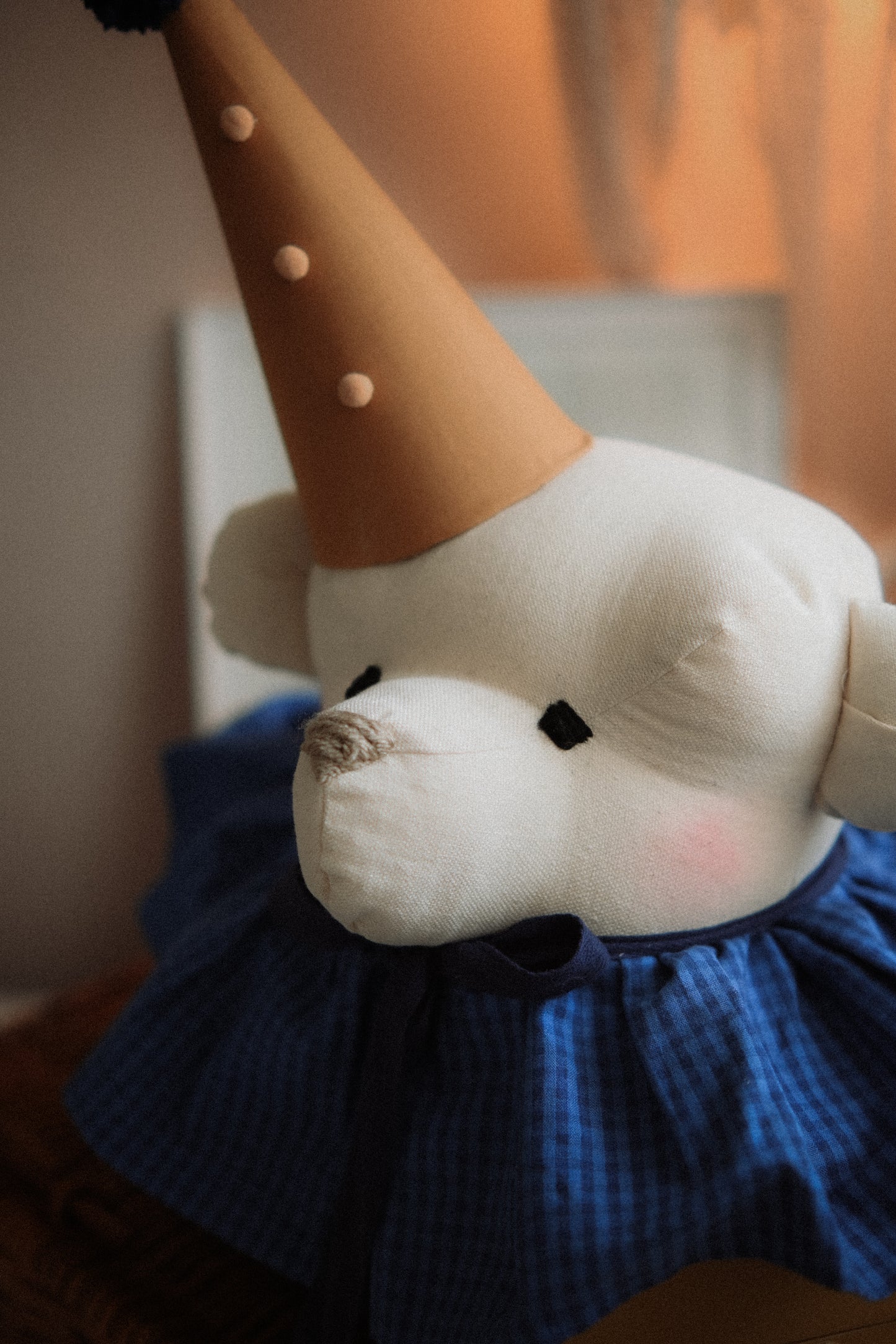 Handmade Cream Bear Head Wall Decor with Blue Collar, Stuffed Animal Wall Mount, Circus Nursery Art