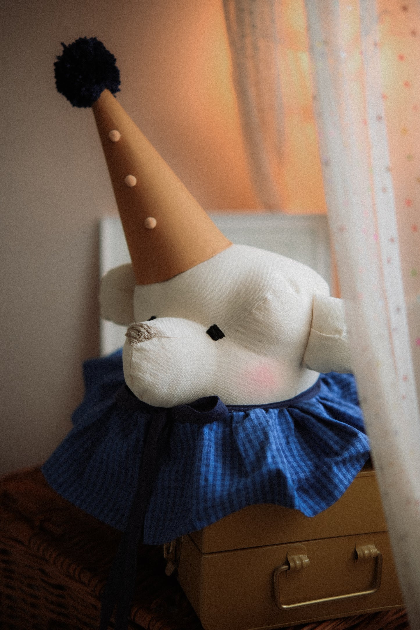 Handmade Cream Bear Head Wall Decor with Blue Collar, Stuffed Animal Wall Mount, Circus Nursery Art