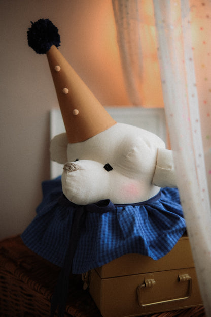 Handmade Cream Bear Head Wall Decor with Blue Collar, Stuffed Animal Wall Mount, Circus Nursery Art