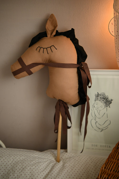Handmade Brown Hobby Pony Stick Toy, Cotton Linen Plush Ride-On Horse