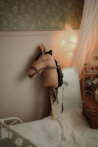Handmade Brown Hobby Pony Stick Toy, Cotton Linen Plush Ride-On Horse