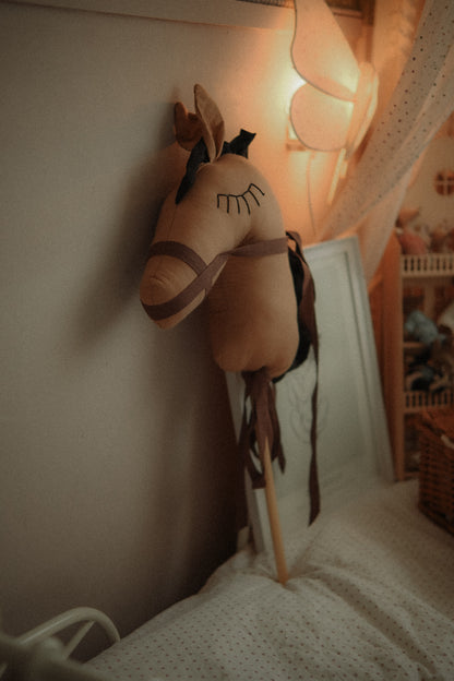 Handmade Brown Hobby Pony Stick Toy, Cotton Linen Plush Ride-On Horse