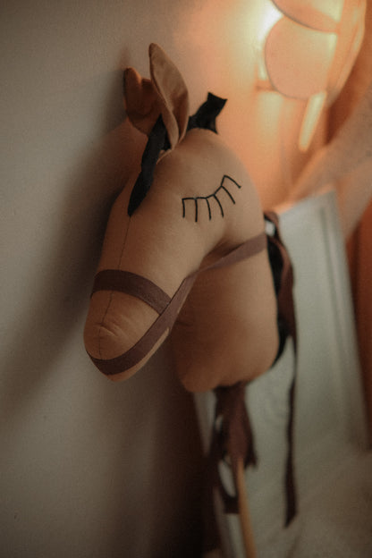 Handmade Brown Hobby Pony Stick Toy, Cotton Linen Plush Ride-On Horse