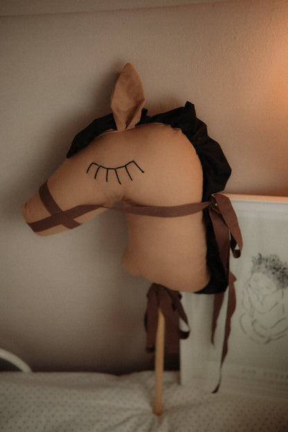 Handmade Brown Hobby Pony Stick Toy, Cotton Linen Plush Ride-On Horse