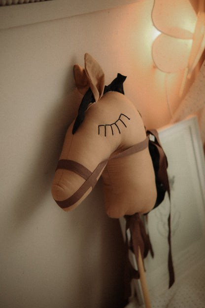 Handmade Brown Hobby Pony Stick Toy, Cotton Linen Plush Ride-On Horse