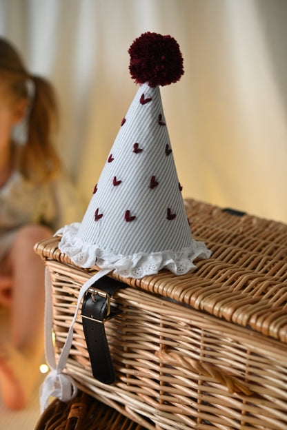 Baby Birthday Hat, Embroidered Hearts First Birthday Party Hat, Cake Smash Outfit 1st 2nd Birthday
