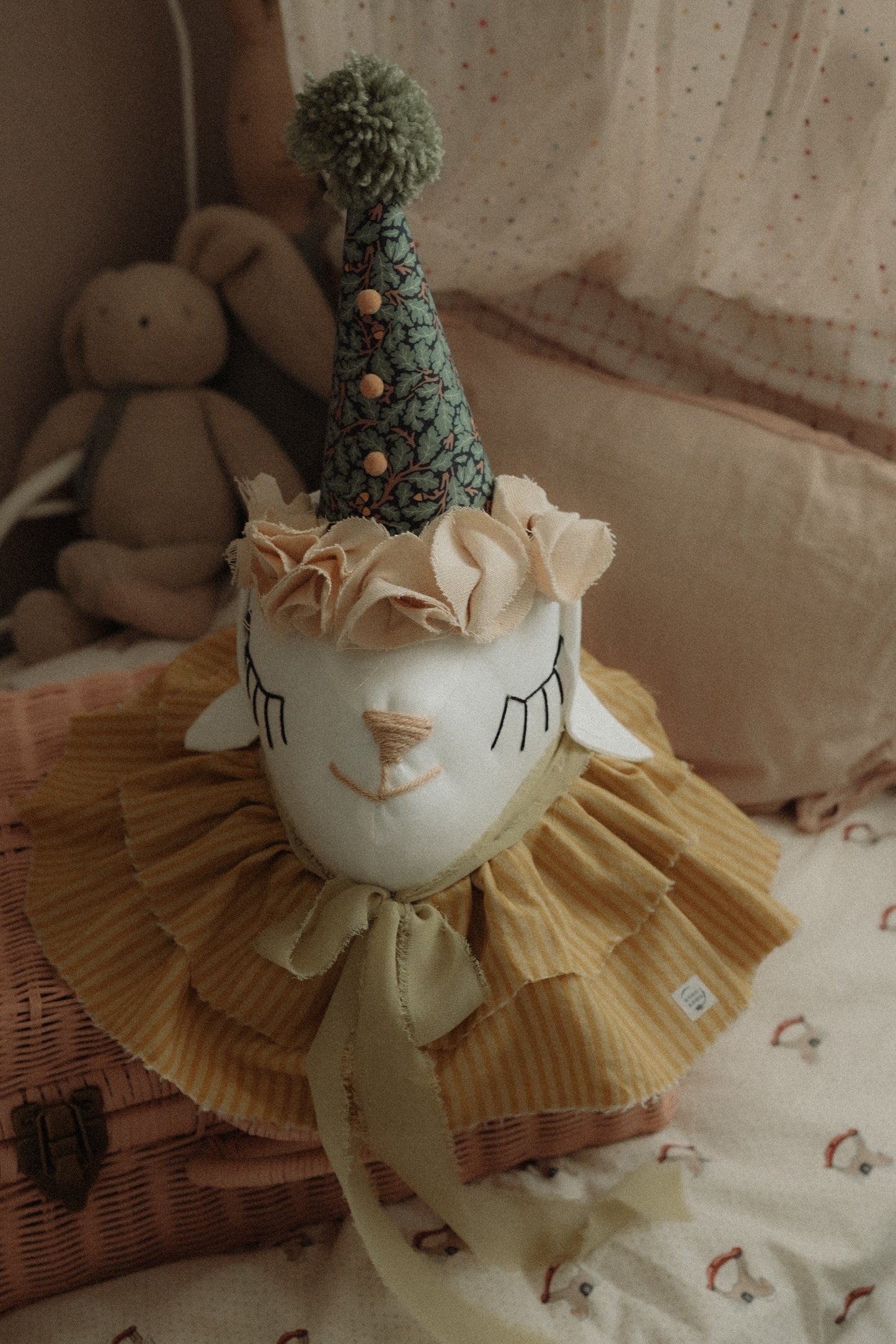 Handcrafted Cotton Sheep Head Wall Decor with Circus Hat, Nursery Farmhouse Art