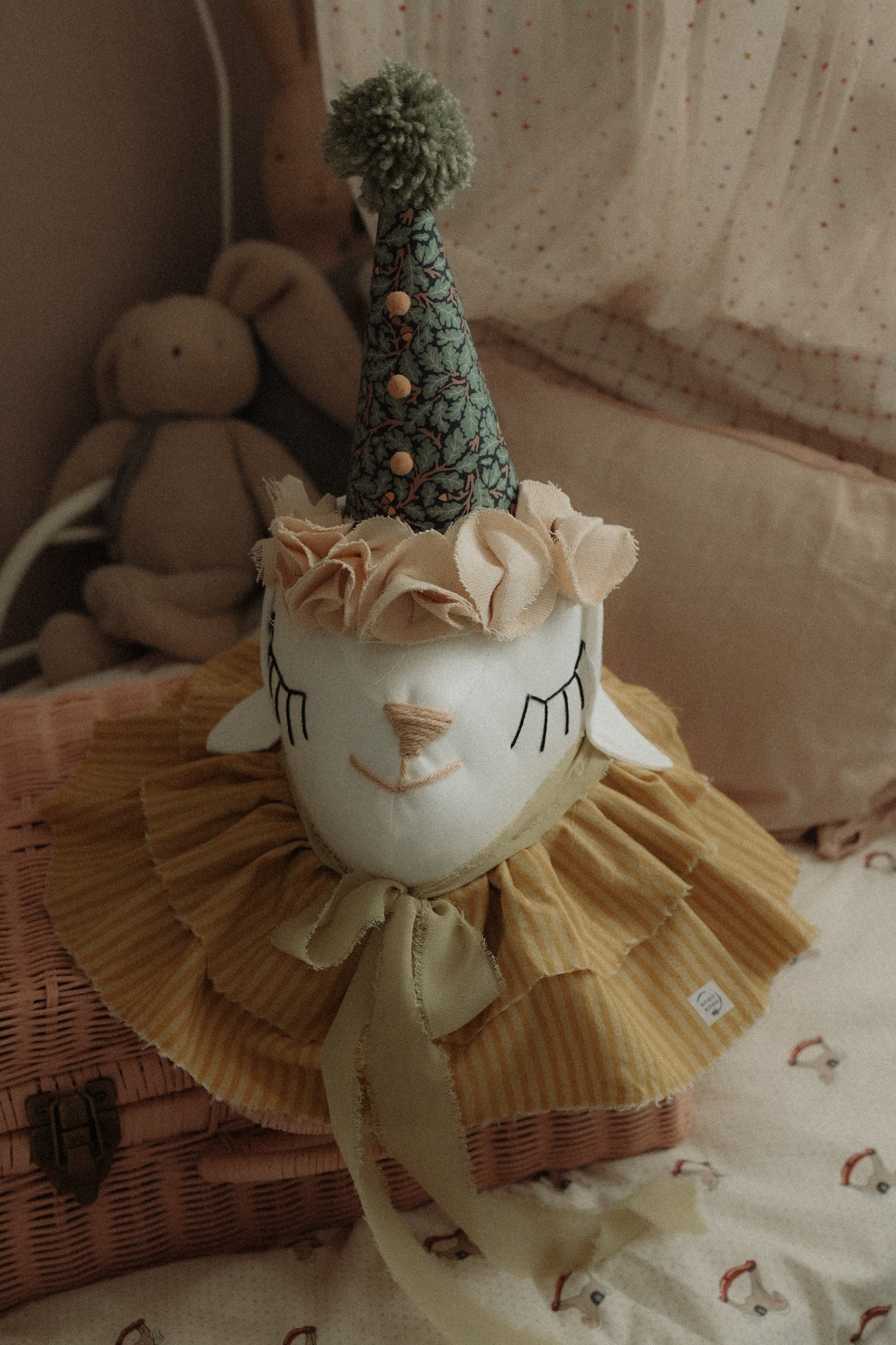 Handcrafted Cotton Sheep Head Wall Decor with Circus Hat, Nursery Farmhouse Art