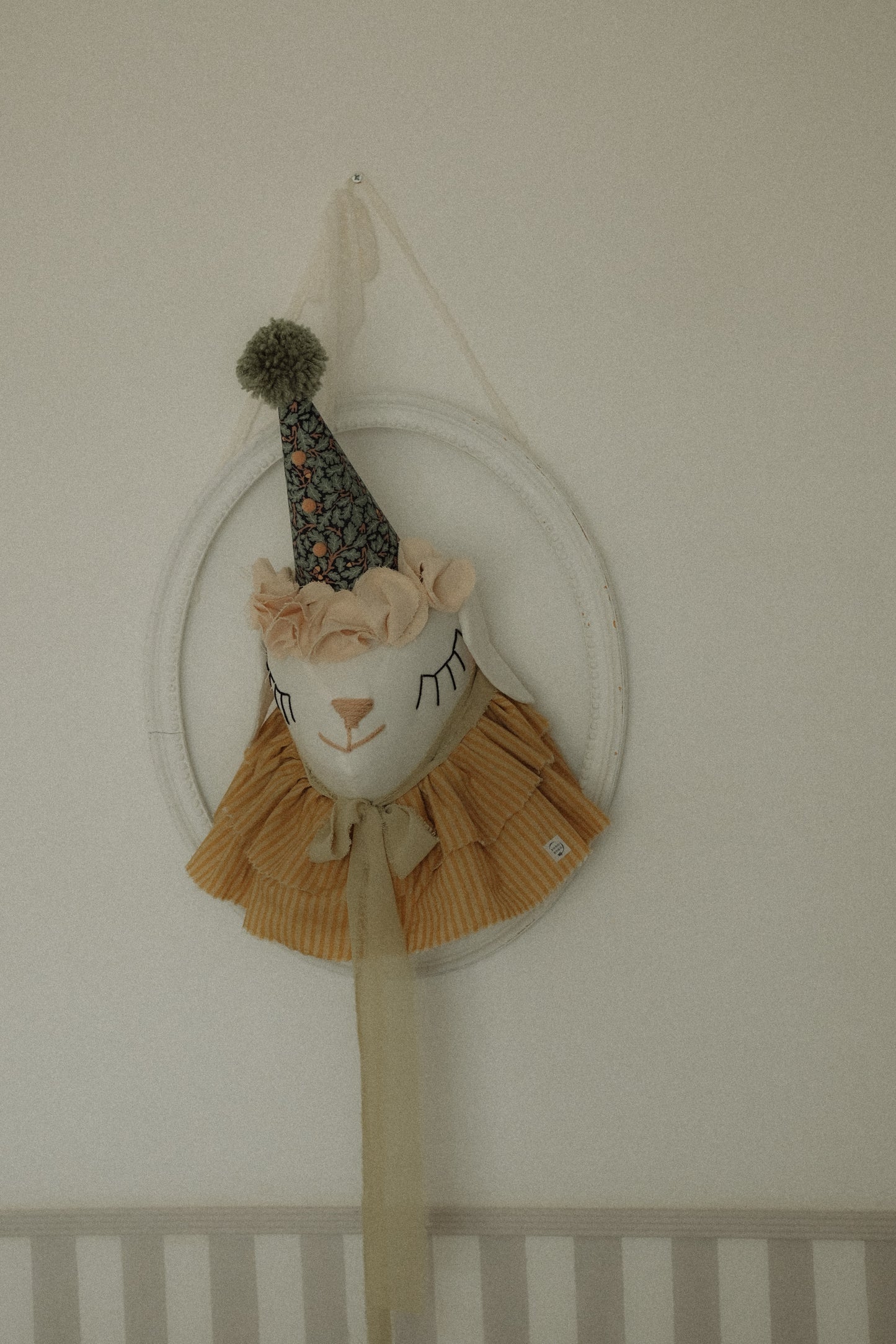 Handcrafted Cotton Sheep Head Wall Decor with Circus Hat, Nursery Farmhouse Art