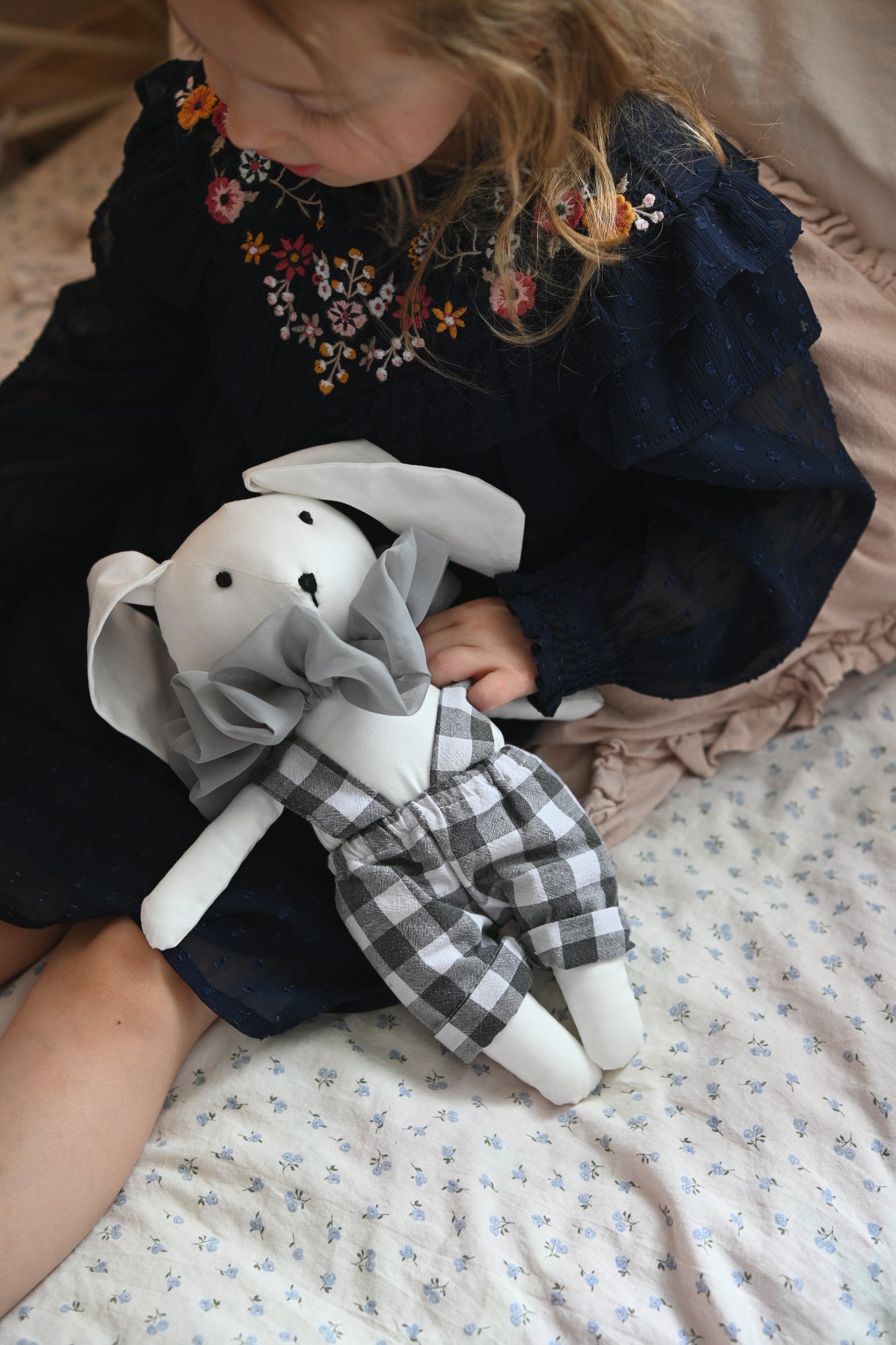 White Bunny Doll with Shorts, Handmade Rabbit Plush Toy, Nursery Decor, Stuffed Animal for Baby Room