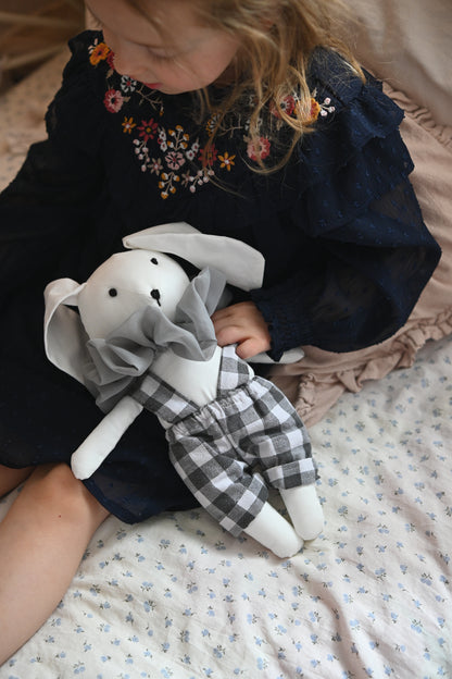 White Bunny Doll with Shorts, Handmade Rabbit Plush Toy, Nursery Decor, Stuffed Animal for Baby Room