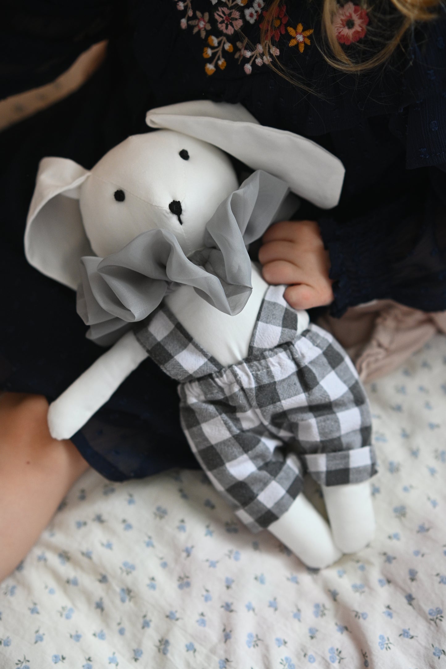 White Bunny Doll with Shorts, Handmade Rabbit Plush Toy, Nursery Decor, Stuffed Animal for Baby Room