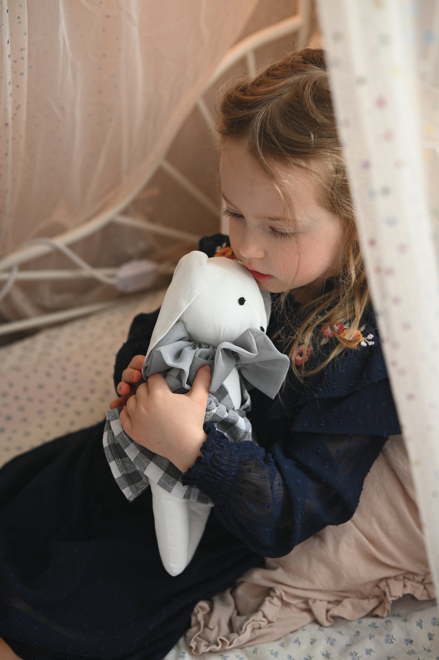 White Bunny Doll with Shorts, Handmade Rabbit Plush Toy, Nursery Decor, Stuffed Animal for Baby Room