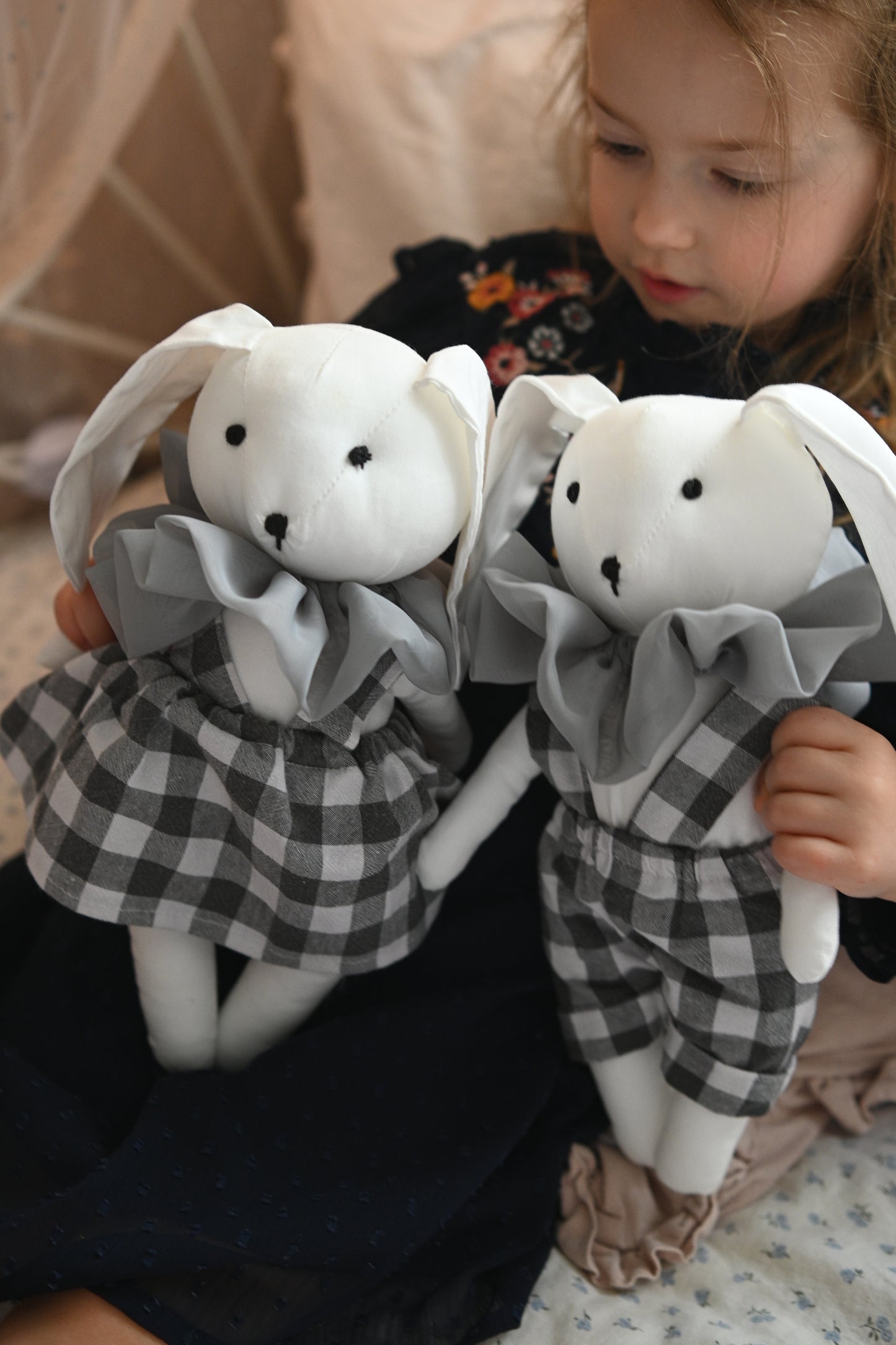 White Bunny Doll with Shorts, Handmade Rabbit Plush Toy, Nursery Decor, Stuffed Animal for Baby Room