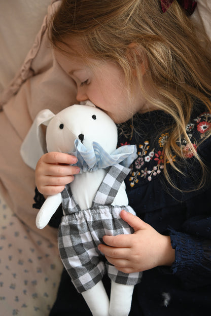 White Bunny Doll with Shorts, Handmade Rabbit Plush Toy, Nursery Decor, Stuffed Animal for Baby Room