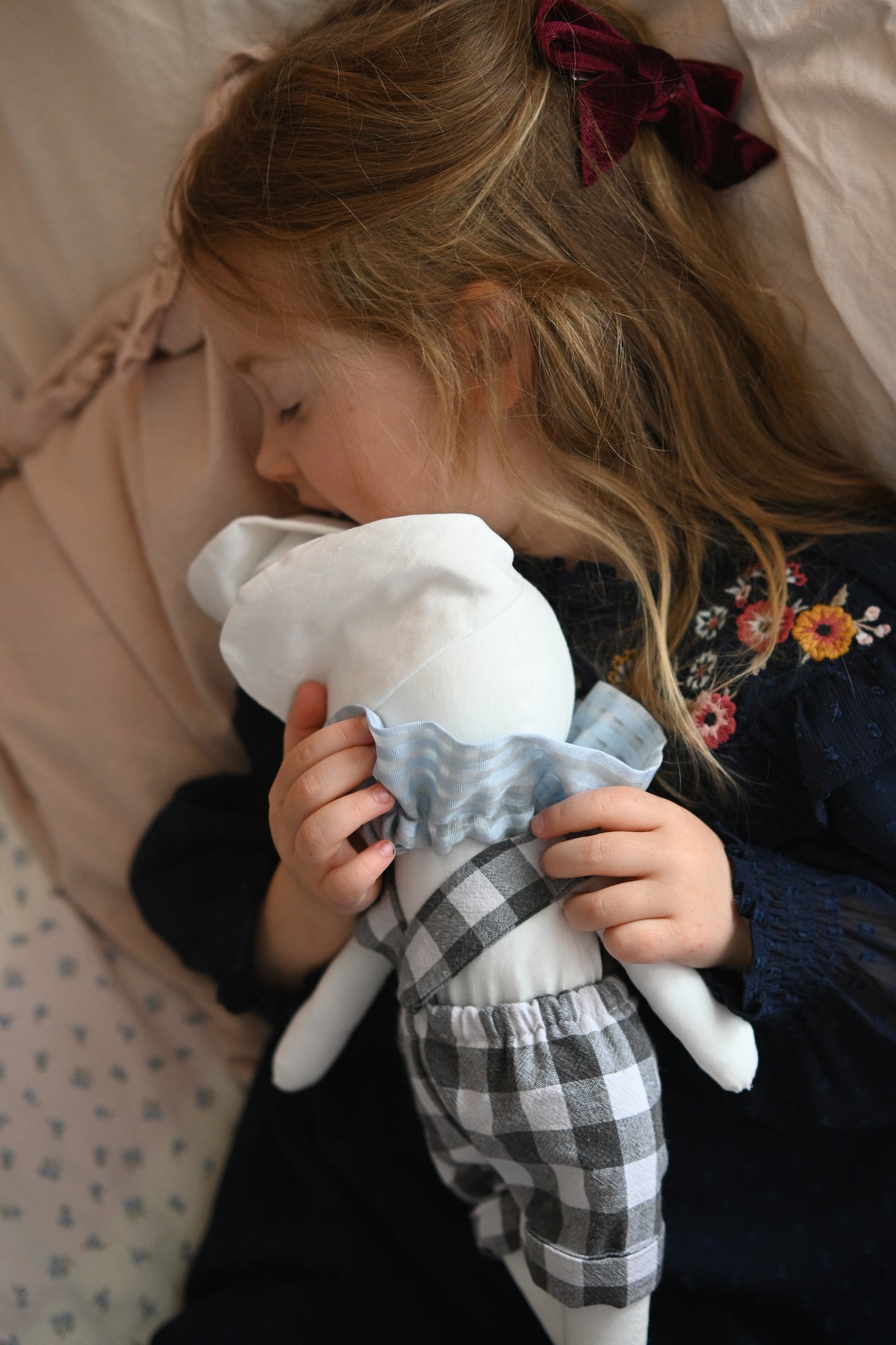 White Bunny Doll with Shorts, Handmade Rabbit Plush Toy, Nursery Decor, Stuffed Animal for Baby Room