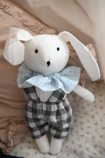 White Bunny Doll with Shorts, Handmade Rabbit Plush Toy, Nursery Decor, Stuffed Animal for Baby Room
