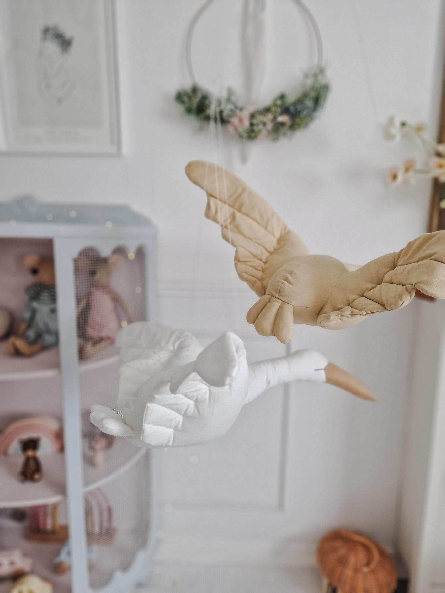 Beige Hanging Flying Swan, Stuffed Bird Animal Mobile