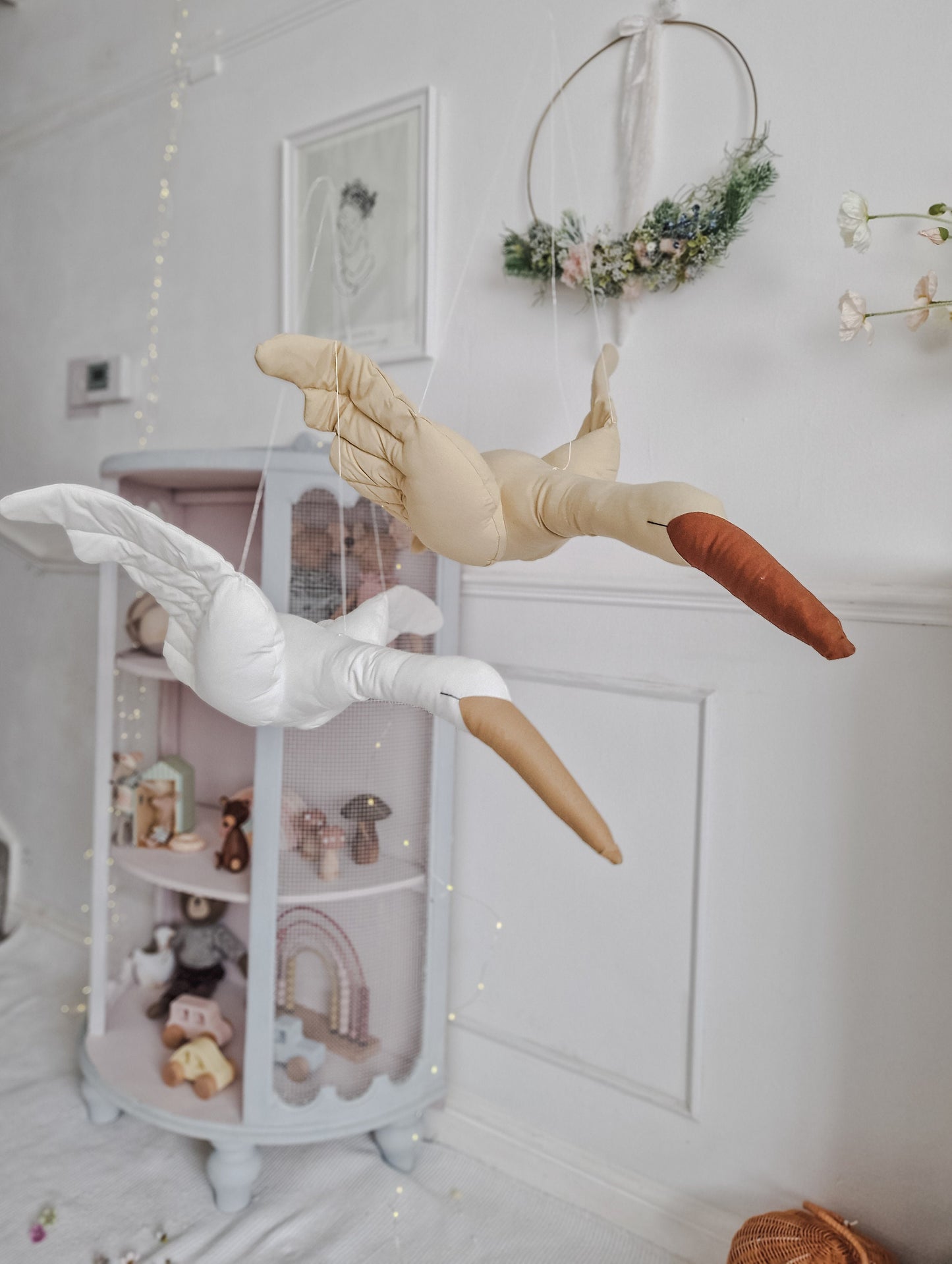 Hanging Flying Swan, White Stuffed Bird Pillow