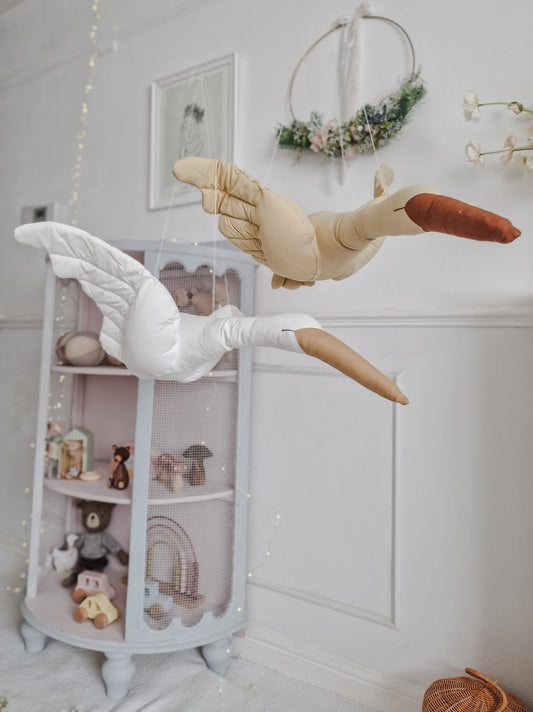 Beige Hanging Flying Swan, Stuffed Bird Animal Mobile