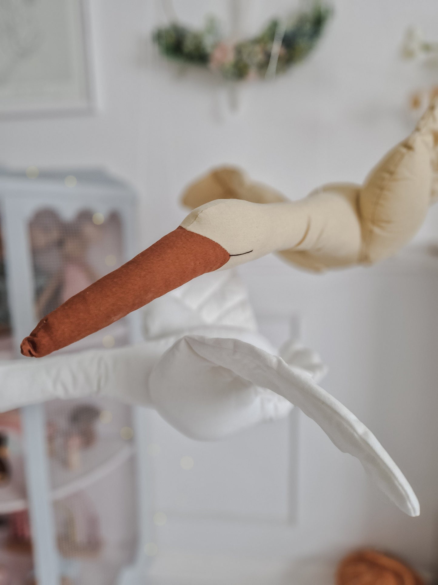 Beige Hanging Flying Swan, Stuffed Bird Animal Mobile