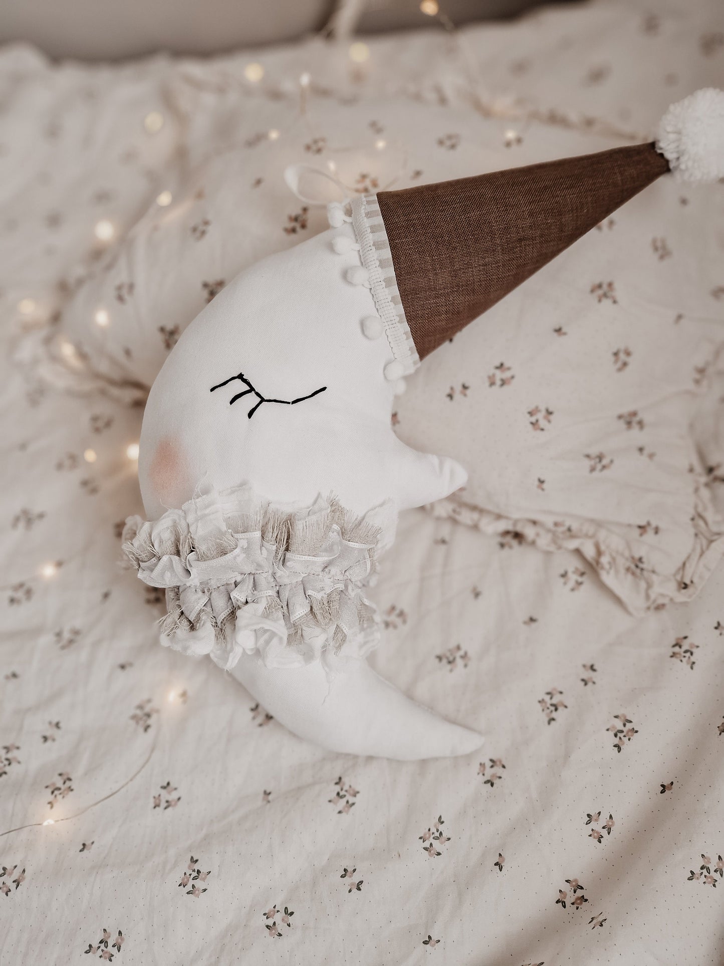 Moon Pillow Hanging Nursery Decor, Moon cushion with hat