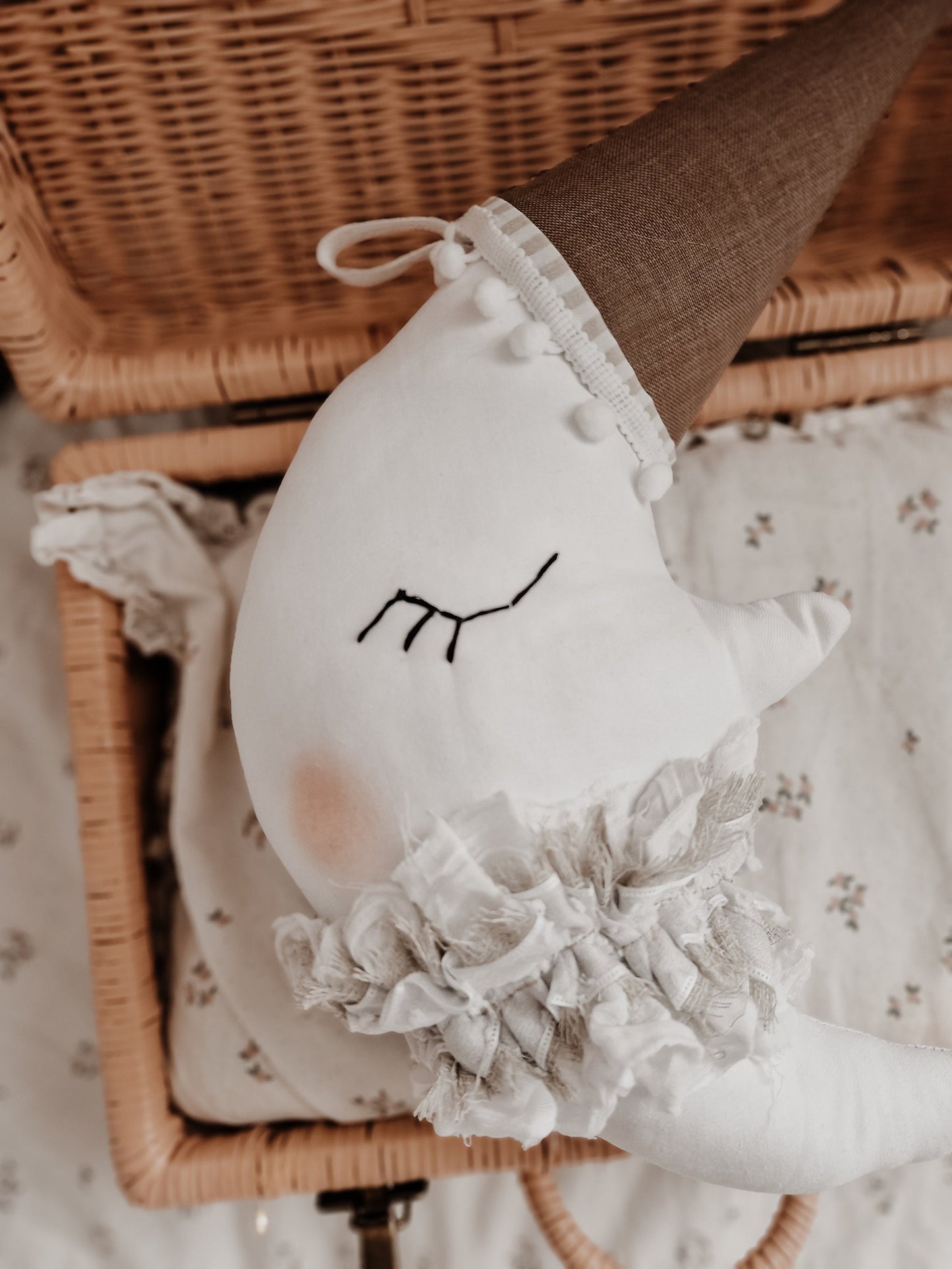 Moon Pillow Hanging Nursery Decor, Moon cushion with hat