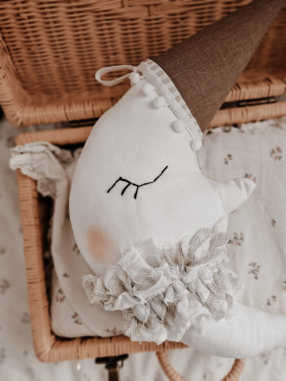 Moon Pillow Hanging Nursery Decor, Moon cushion with hat