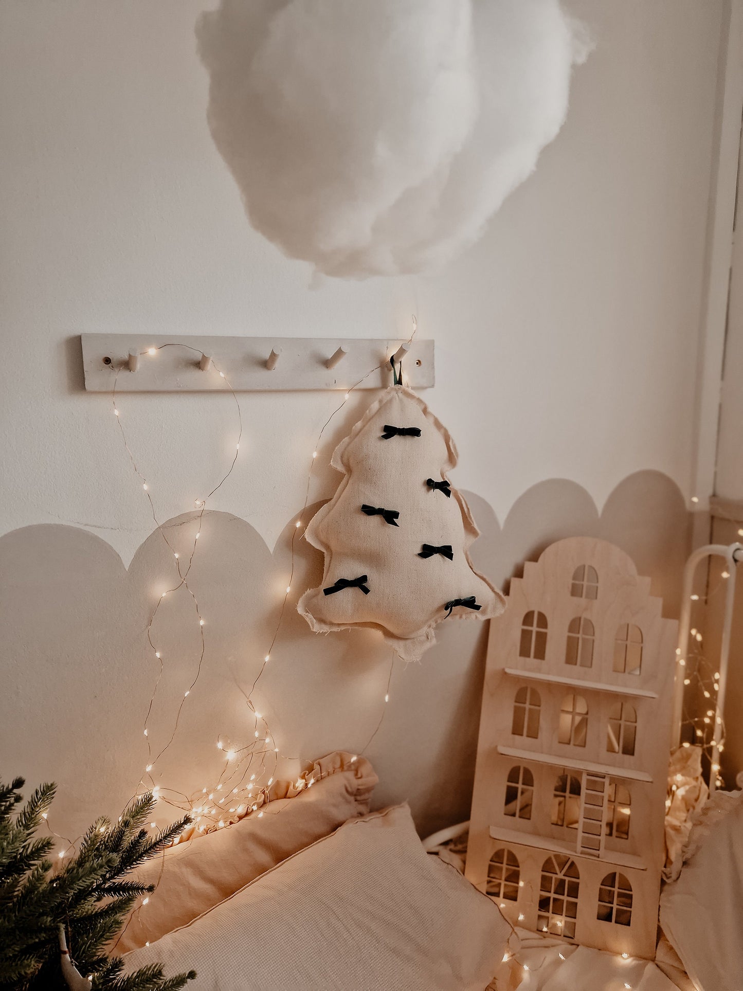 Christmas tree pillow with green bows, holiday hanging wall art