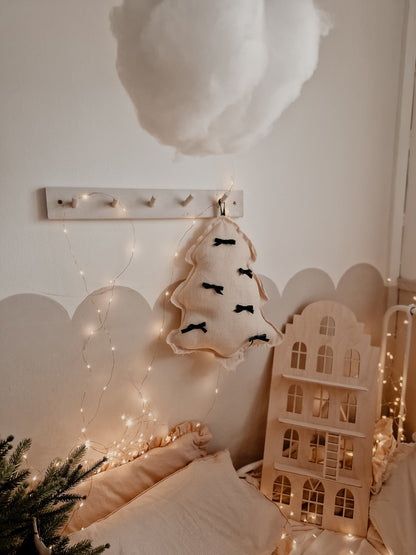 Christmas tree pillow with green bows, holiday hanging wall art