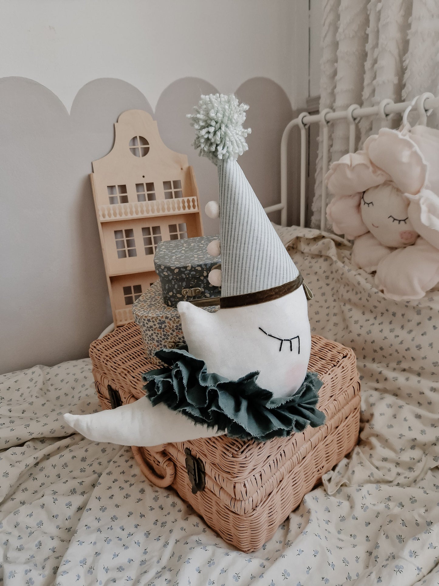 Hanging Moon cushion, circus Moon decoration with hat