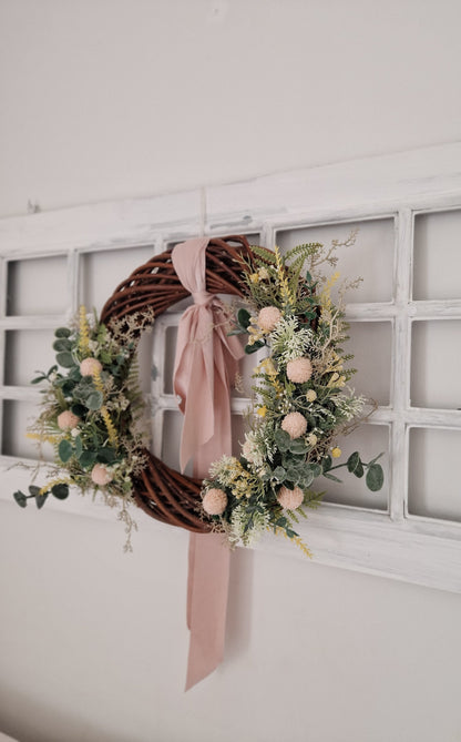 Front door flowers wreath, spring artificial wreath
